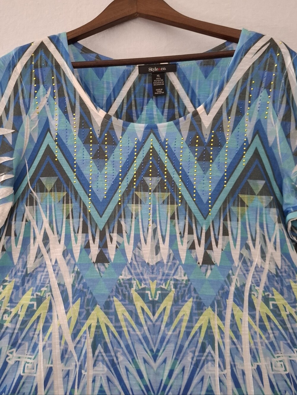 Style & Company Women’s X-Large Blue Geo Tunic Scoop Neck Stud Lace 3/4 Sleeve